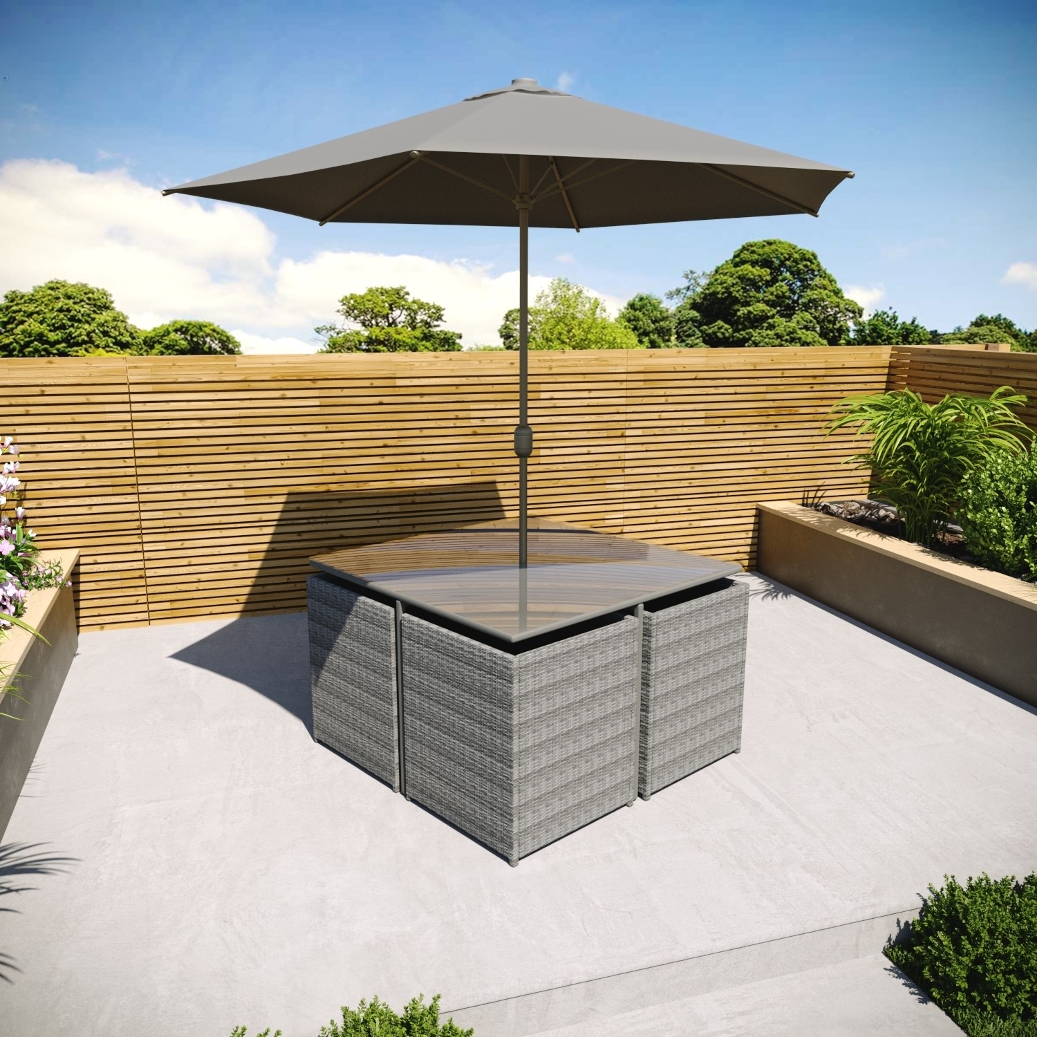 Read more about 4 seater dark grey rattan cube garden dining set parasol included fortrose